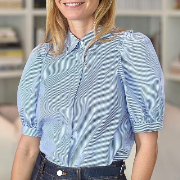 G. Label by Goop Nicole Puff Sleeve Button Down Blue White Stripe Blouse Size 10 - Picture 3 of 10
